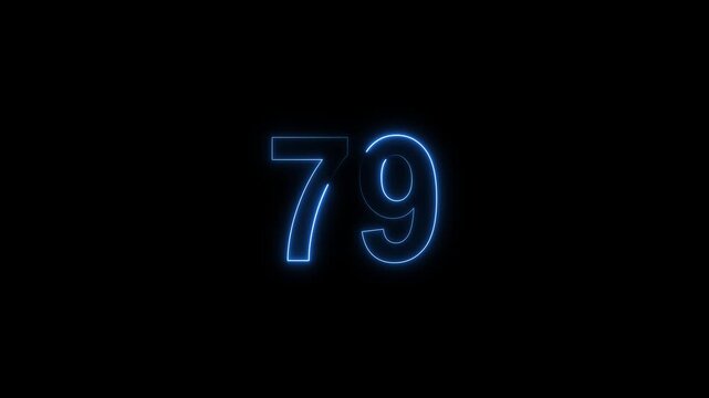 Red neon number 79 glowing on a black background, digital countdown timer element, vibrant futuristic typography