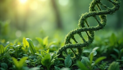 Moss-covered DNA helix grows amidst green foliage in forest setting. Image represents innovative bioengineering solutions for ecological repair, restoration using synthetic biology. Natures