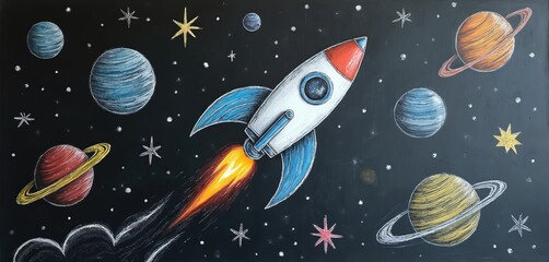 Chalk drawing of rocket ship and planets on blackboard. Space exploration theme for kids learning science, imagination, and childhood dreams.