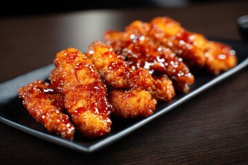Fototapeta premium Crispy, glossy Korean Fried Chicken Strips (Dakgangjeong) tossed in sticky, sweet and spicy red chili glaze, served on a dark rectangular plate in a moody setting.