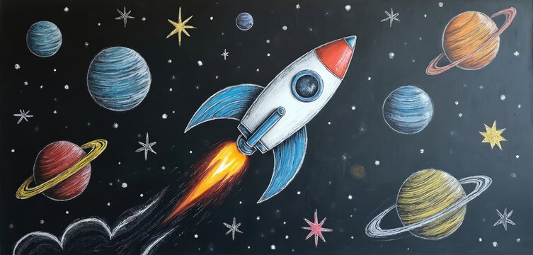 Chalk drawing of rocket ship and planets on blackboard. Space exploration theme for kids learning science, imagination, and childhood dreams.