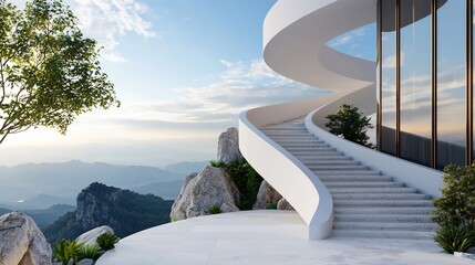 Modern Architecture Curving Staircase on Mountain Top with Panoramic Vista.