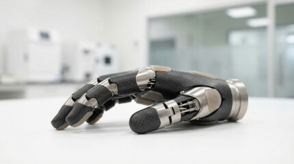Prosthetic hand resting on table in clinical laboratory setting with sleek design