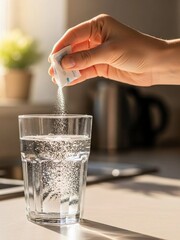 Close-up of a sachet being emptied into a tall glass of sparkling water against a bright kitchen window.