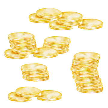 Stacks of gold coins, isolated, hand painted watercolor clipart. Perfect for Irish luck themes, treasure illustrations, St. Patricks Day graphics, and childrens designs