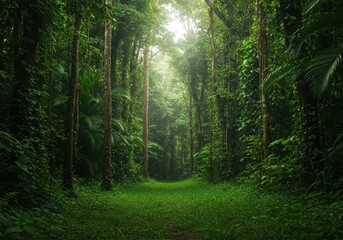 Extremely dense jungle vegetation thrives under the intense, humid tropical summer heat. Sunlight filters through the thick, green canopy ,remote ,mystery ,forest