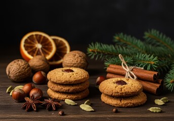 Festive winter scene featuring delicious hazelnut cookies, rustic nuts, and traditional holiday spices arranged beautifully on a wooden table, cookies, homemade, celebration