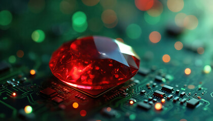 Macro view of faceted red gemstone on green circuit board. Electronic components glow with orange and green lights, creating abstract digital tech pattern. Shiny surface reflects data streams.