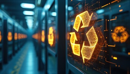 Futuristic recycling plant with glowing digital recycle symbol. Advanced automation and tech drive sustainable industry growth. Modern facility focuses on resource recovery and circular economy.