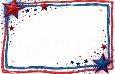 Obraz premium Patriotic border with red and blue brush strokes and scattered stars on white background. Perfect for US holiday announcements invitations or cards.