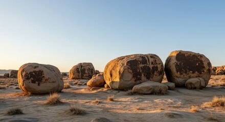 Gigantic, weathered granite boulders scattered across a dry, arid landscape under a clear sky, showcasing natural erosion and immense scale, physical, scene, foundation