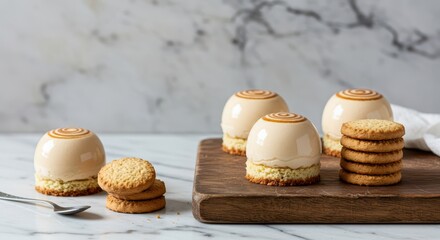 Latte-inspired dessert display featuring creamy beige mousse cakes and small stacked cookies on a rustic wooden board and marble surface, baking, stacked cookies, espresso flavor