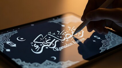 Hand drawing Arabic calligraphy on digital tablet.