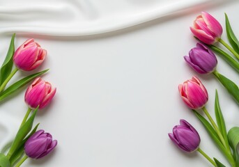 Luxurious composition featuring fresh pink and violet tulips resting gently upon a pristine, smooth white silk background ,anniversary ,springtime ,close up