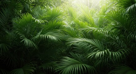 Lush exotic green palm foliage fills the frame, creating a dense jungle pattern illuminated by bright, diffused natural sunlight ,island ,Tropical ,background