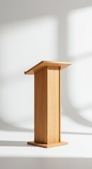 Modern wooden podium or lectern standing alone on a bright white background, ready for a presentation or public address, isolated, high key, address