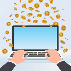Money and work money from working, Hands typing on laptop with coin money falling around