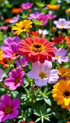 Vibrant blossoms burst with color in a sun-drenched garden, a tapestry of nature's artistry, bright, serene