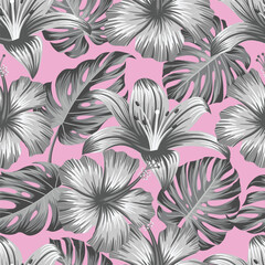 Monochrome Floral seamless pattern with leaves., pink tropical background
