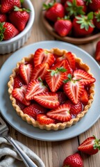 Vibrant, fresh strawberry tart with a flaky crust, artfully arranged and ready for enjoyment, smooth, presentation, sweet treat