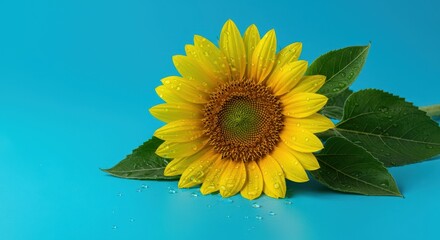Wet, vibrant yellow sunflowers and lush green foliage on a bright blue backdrop. Clear water droplets cling to the petals after a summer shower ,yellow ,season ,wet