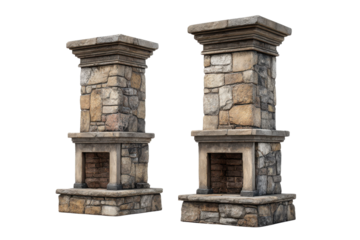 Two stone fireplaces with ornate tops and brick interiors on black rock masonry, Isolated On White Background, Png Transparent
