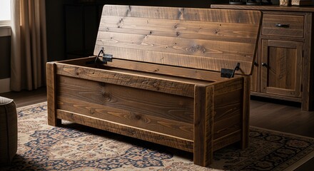 Handcrafted wooden storage bench with hinged lid in cozy living room setting