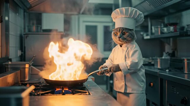 Gray Chef Cat Flaming Pan with Tall Fire in Dreamy Professional Kitchen