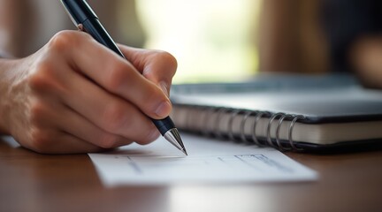 Close up of a hand writing on a document with a pen on a wooden desk near a notebook for finance administration concept and personal budgeting