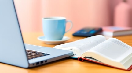 Modern workspace with open laptop, textbook, and coffee cup on a wooden desk for digital learning and remote work concept