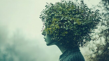 Surreal Profile Woman with Foliage Hair Natures Embrace Dreamlike Composition.