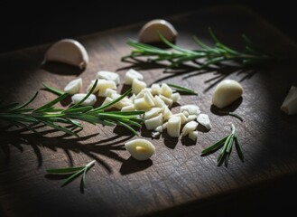Chopped Garlic and Rosemary Sprigs on a Dark Wooden Cutting Board with Dramatic Lighting