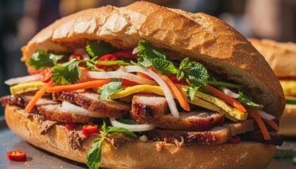 Close Up Delicious Banh Mi Sandwich With Grilled Pork Slices Pickled Vegetables And Fresh Herbs A Savory Vietnamese Street Food Meal Outdoors Sunlight