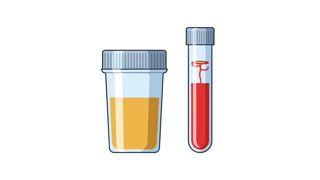 Vector illustration of medical analysis with a urine sample in a sterile cup and a blood sample in a vacuum test tube.