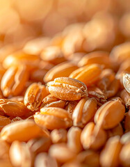 Close-up food texture of wheat grains with warm natural light and shallow depth of field. Organic cereal grain background suitable for baking, agriculture, food packaging, and natural product design.
