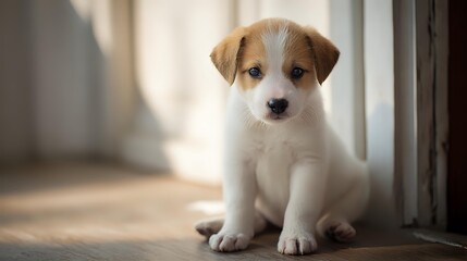 Cute puppy sitting on wooden floor with soft natural light, capturing pet lifestyle and adorable animal photography concept