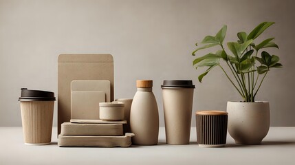 Eco-friendly packaging materials arranged neatly on neutral surface with daylight, promoting sustainable design and minimal environmental impact