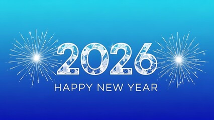 Festive blue graphic design celebrating the arrival of the new year 2026 with bright white fireworks illuminating the central numeral display against a gradient background.