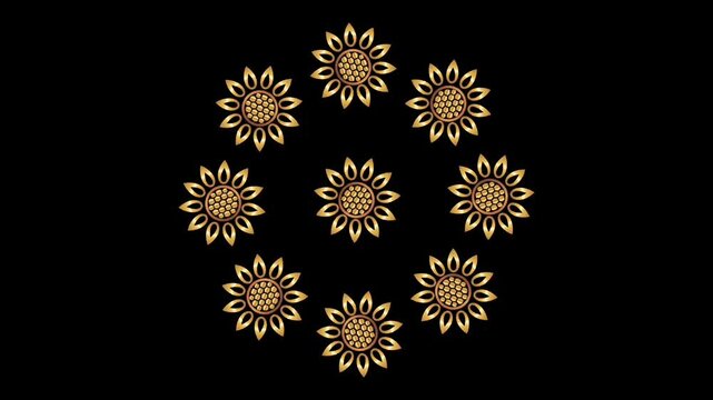 Ten second looping animation of an elegant golden floral ornament on a black background. A single flower like symbol appears in the center, then duplicates move outward to form a rotating circular 