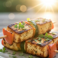 Grilled Tofu Skewers With Colorful Vegetables And Fresh Herbs Illuminated By Golden Sunlight Outdoors