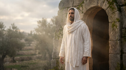 Fototapeta premium Resurrection of Jesus Christ at Dawn with Empty Tomb and Golden Light