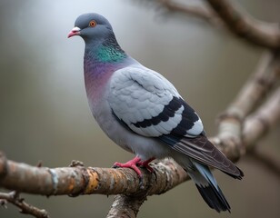 Fototapeta premium Grey dove bird rests on tree branch. Its plumage has iridescent neck feathers and black wing bars. This avian fauna perches calmly outdoors.