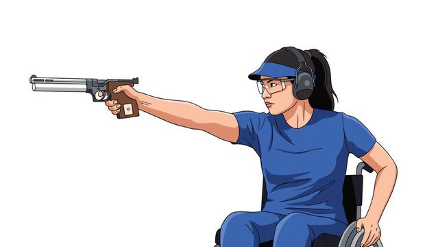 A focused female athlete in a wheelchair participating in a parasport shooting competition, aiming a precision target pistol.