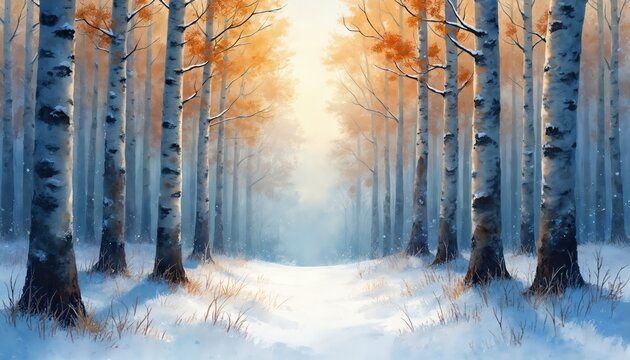 Winter forest path lined with birch trees. Snow covers ground. Orange autumn leaves cling to branches. Soft light filters through trees, creating serene mood. It shows quiet, natural woodland setting.