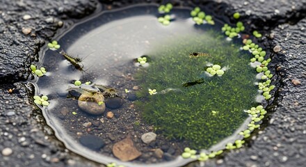 Puddle with Small Yellow Flowers on Asphalt.