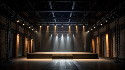Empty Concert Stage with Dramatic Lighting and Industrial Architecture performance venue Background