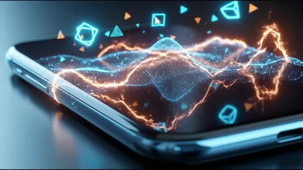 Smartphone displaying digital waves and energy signals. 5G connectivity animation with geometric patterns and flowing data. Wireless network and internet of things technology concept. video footage - Powered by Adobe