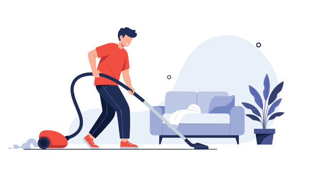 A young man doing household chores, using a red vacuum cleaner to clean the carpet in a modern living room setting.