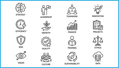 Set of 16 black line icons for business values, organizational strategy, and professional development, ideal for vector illustration content