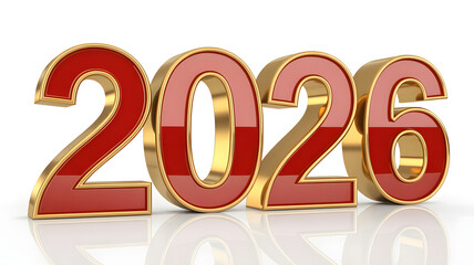 2026 New Year in red and gold metallic numbers on white background with reflection for calendar or greeting card